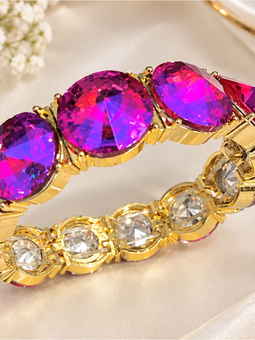 Gold Bracelet with Pink Purple Crystal Accents